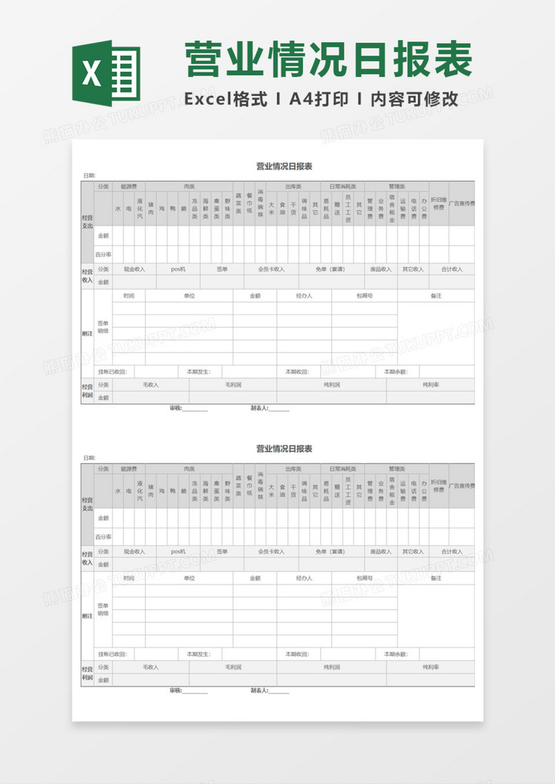 营业情况日报表execl模板