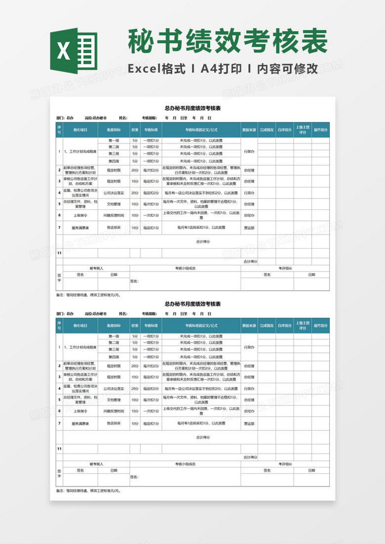 总办秘书月度绩效考核表Execl模板