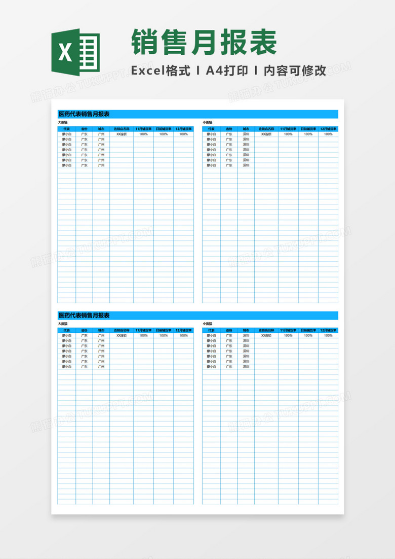 医药代表销售月报表Execl模板