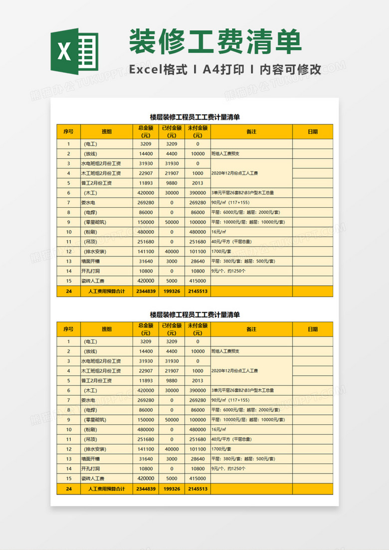 楼层装修工程员工工费计量清单Execl模板