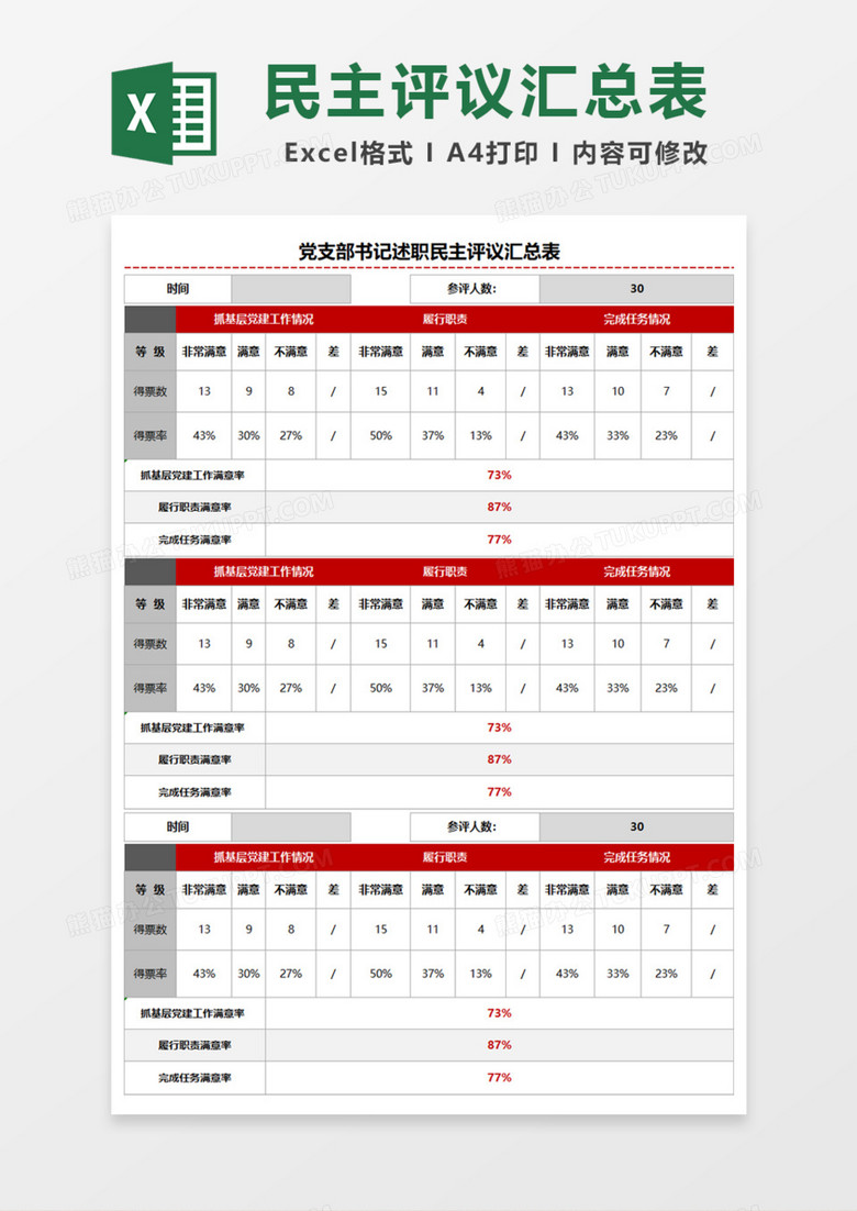 党支部书记述职民主评议汇总表Excel模板