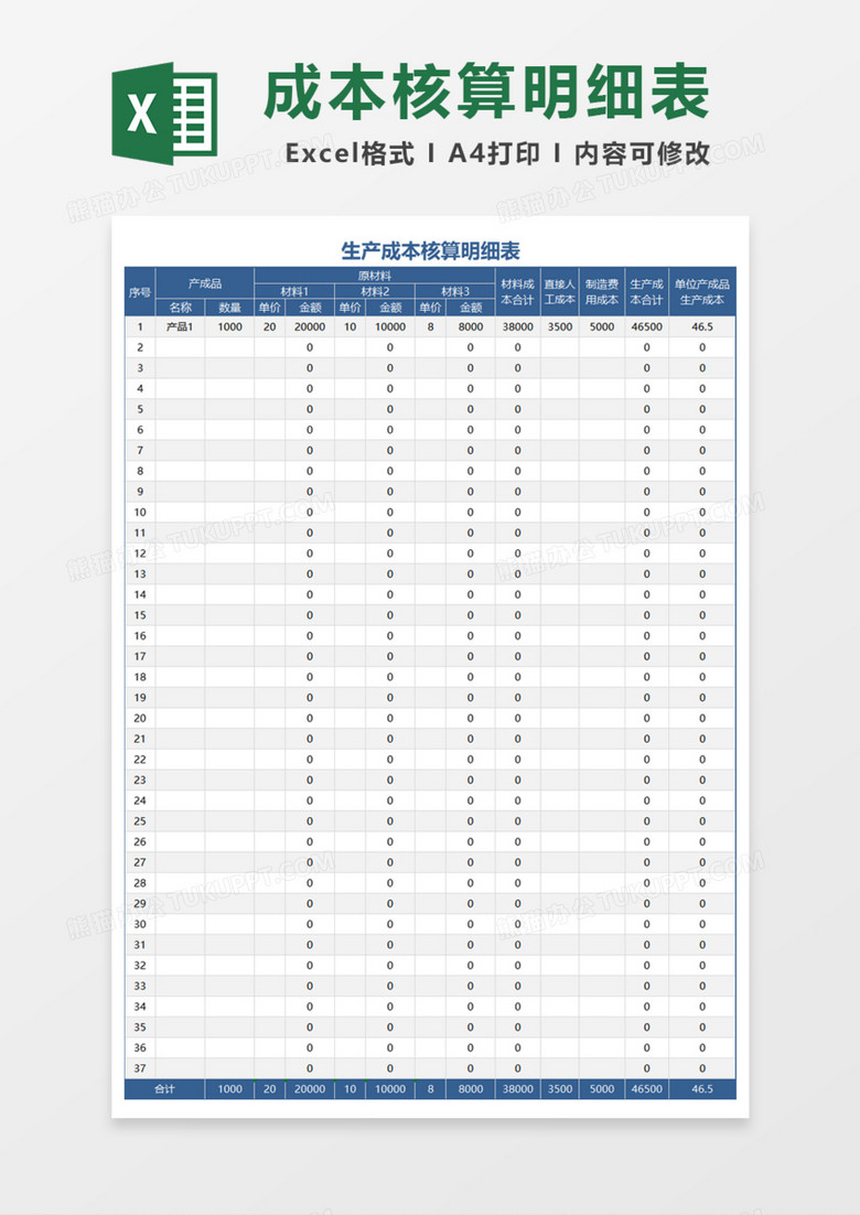 企业生产成本核算明细表Excel模板 企业生产成本核算明细表Excel模板