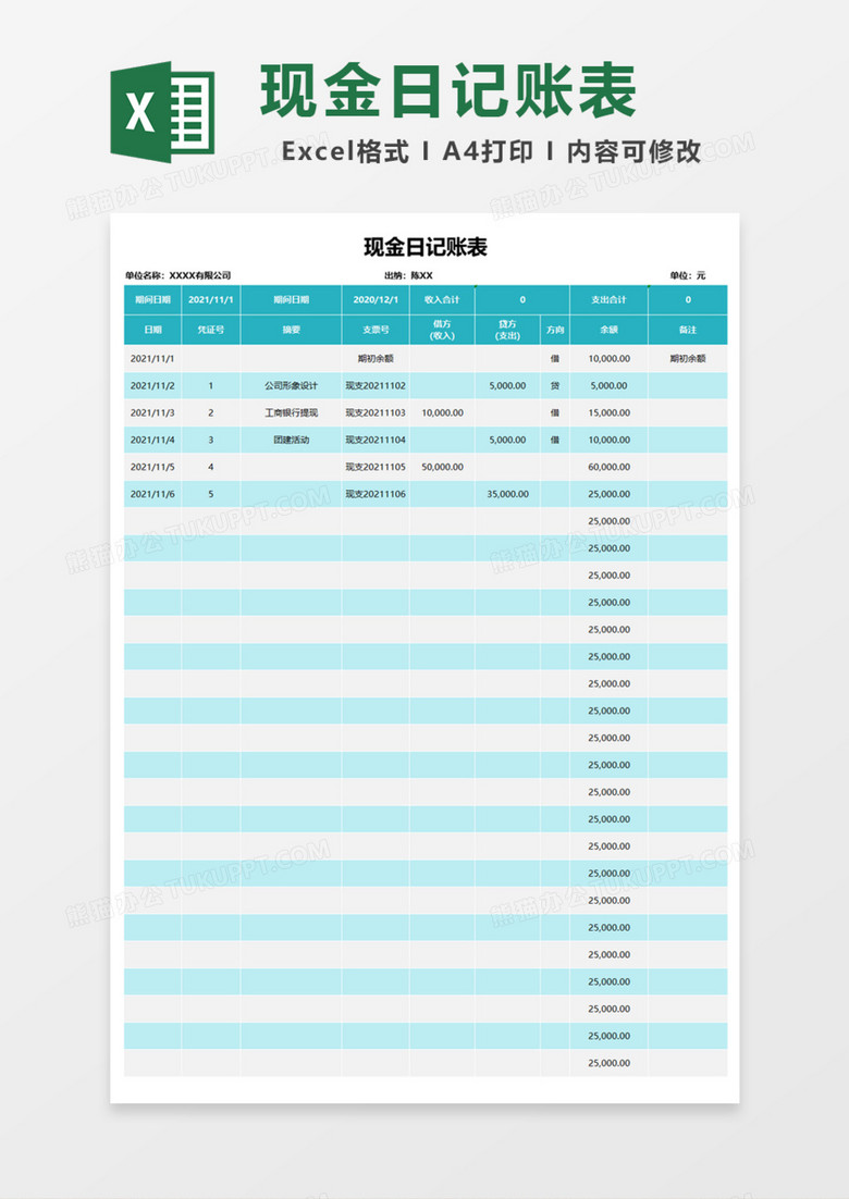 出纳现金日记账表Excel模板