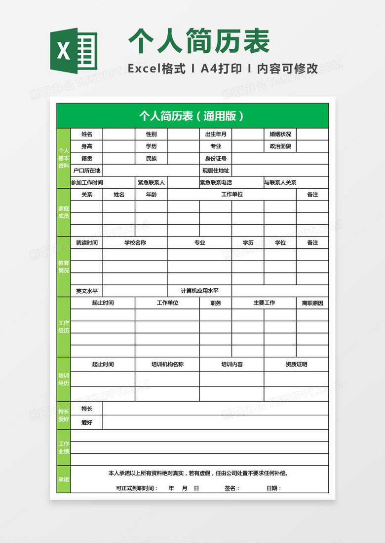 个人空白表格简历表(通用版)excel