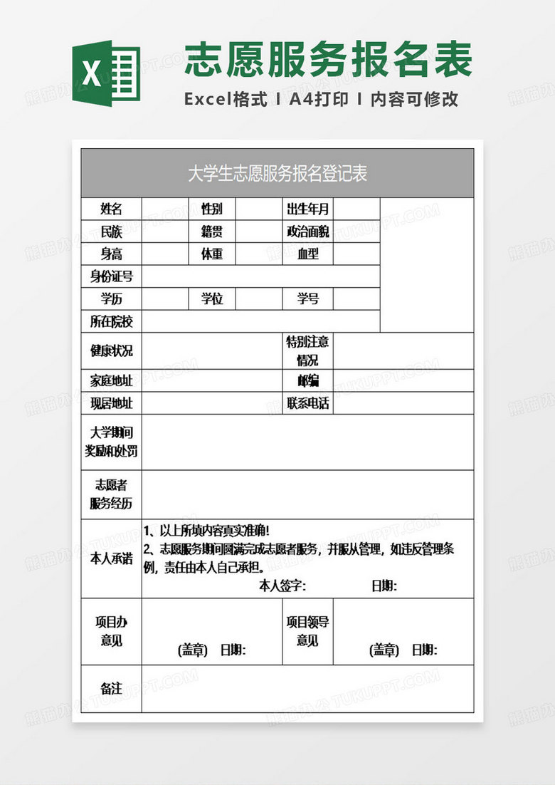 灰色简约大学生志愿服务报名登记表