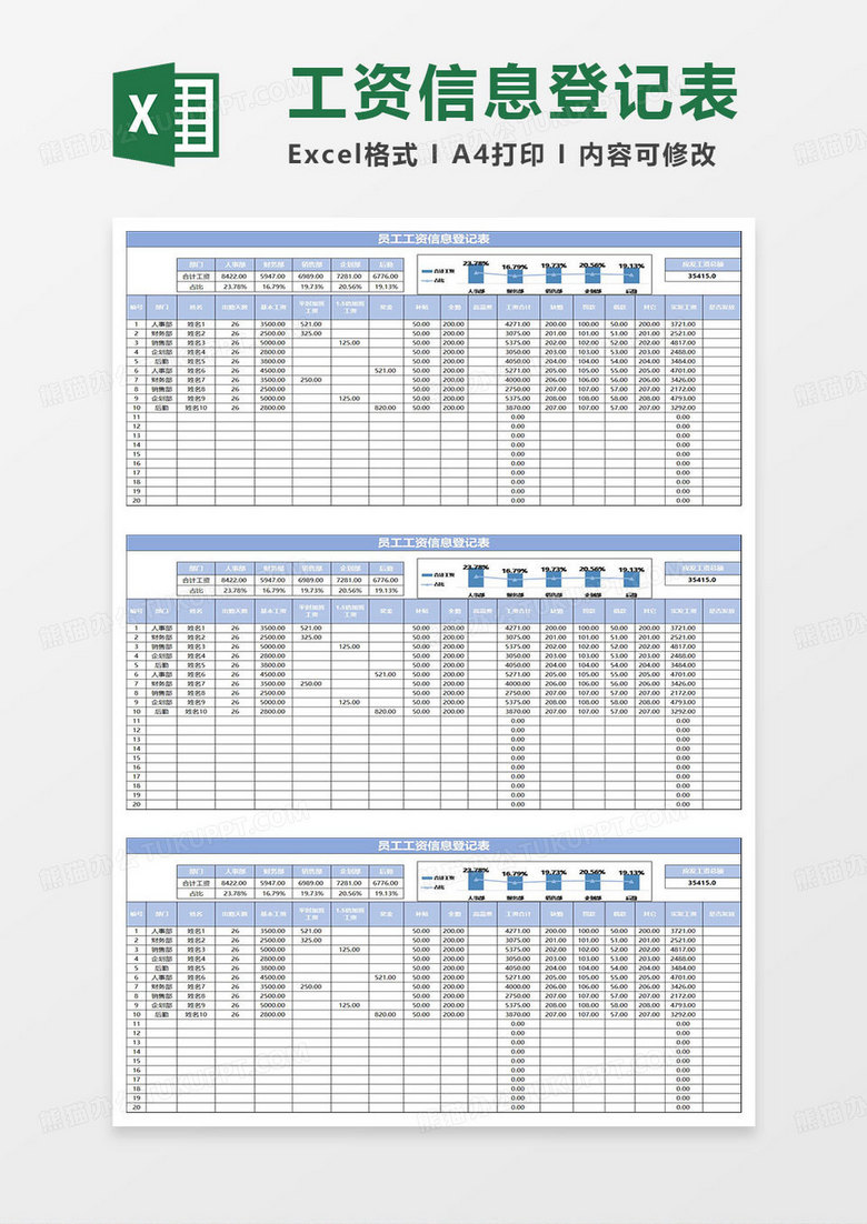 淡蓝简约员工工资信息登记表