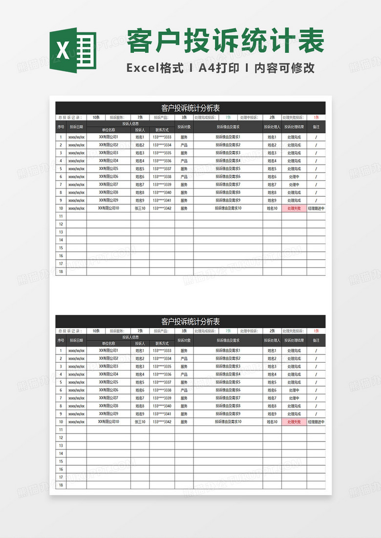 黑色简约客户投诉统计分析表