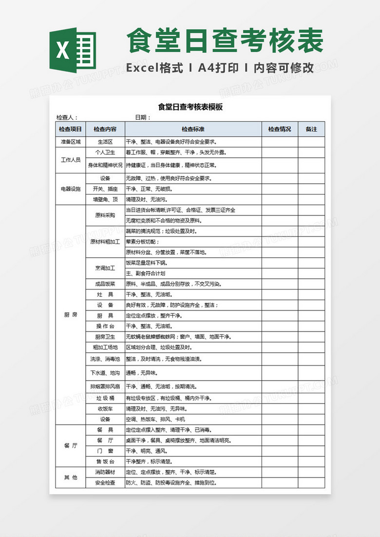 食堂每日考核表模板Execl表格 食堂每日考核表模板Execl表格