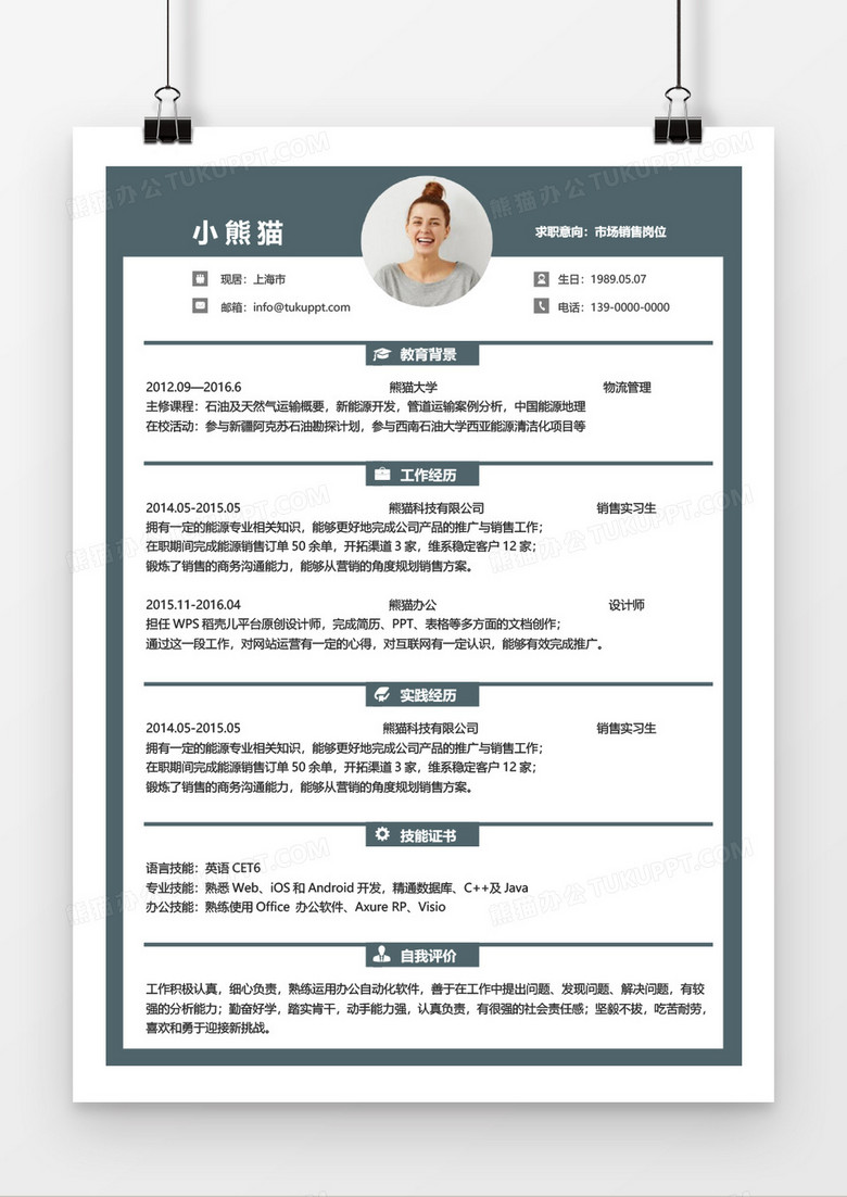 稳重商务市场销售岗位求职简历word模板