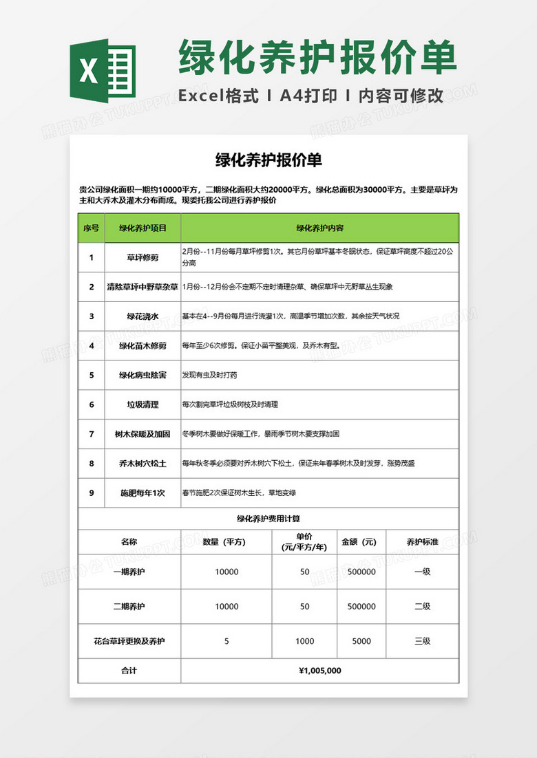 绿化养护报价单Execl模板