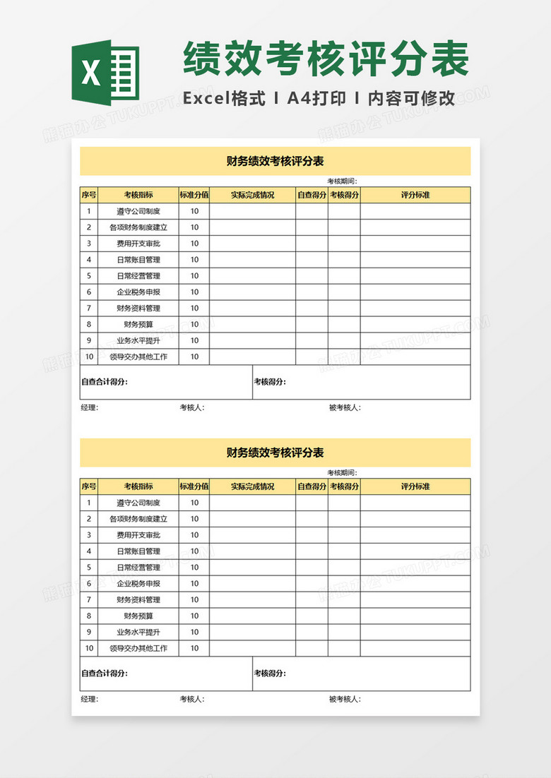 财务绩效考核评分表Execl模板