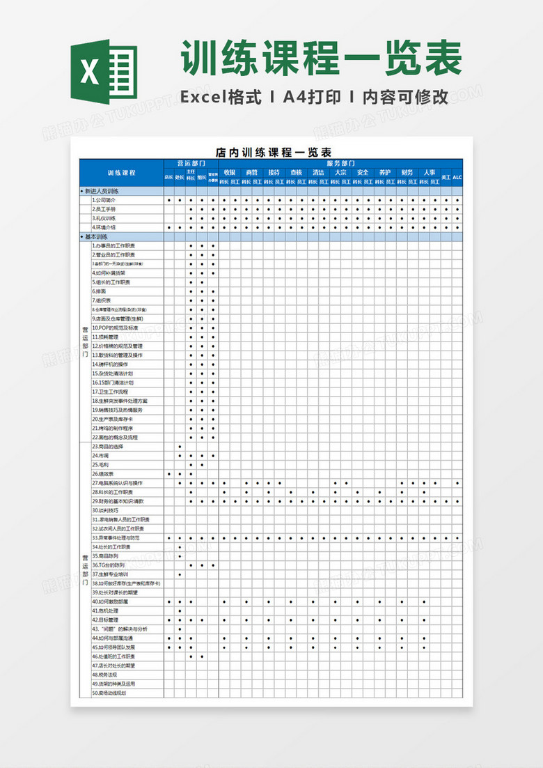 店内训练课程一览表Excel模板 店内训练课程一览表Excel模板