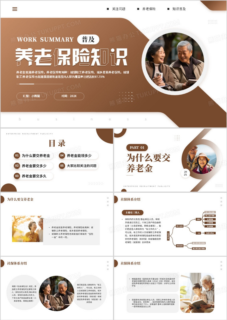 棕色简约风养老保险知识普及PPT模板