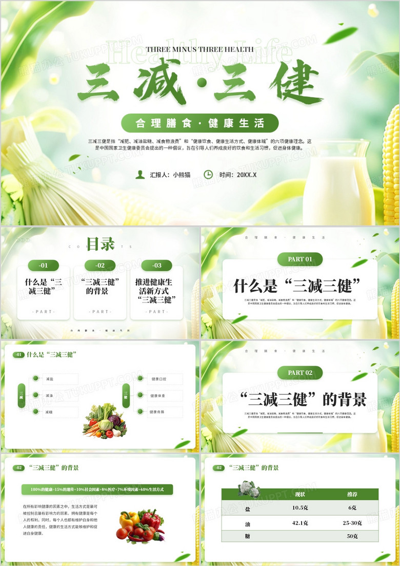 绿色清新风三减三健合理膳食健康生活PPT模板