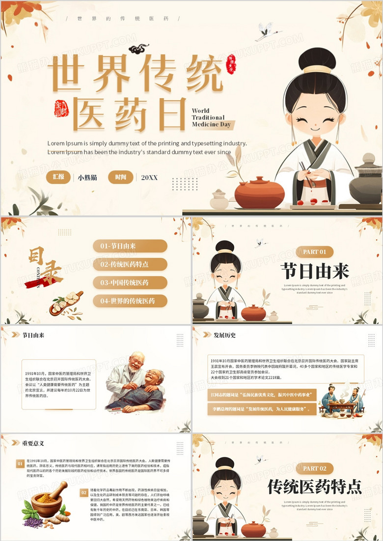 棕色简约中国风世界传统医药日PPT模板