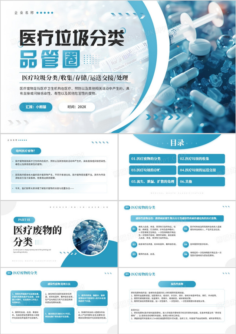绿色简约风医疗垃圾分类品管圈PPT模板