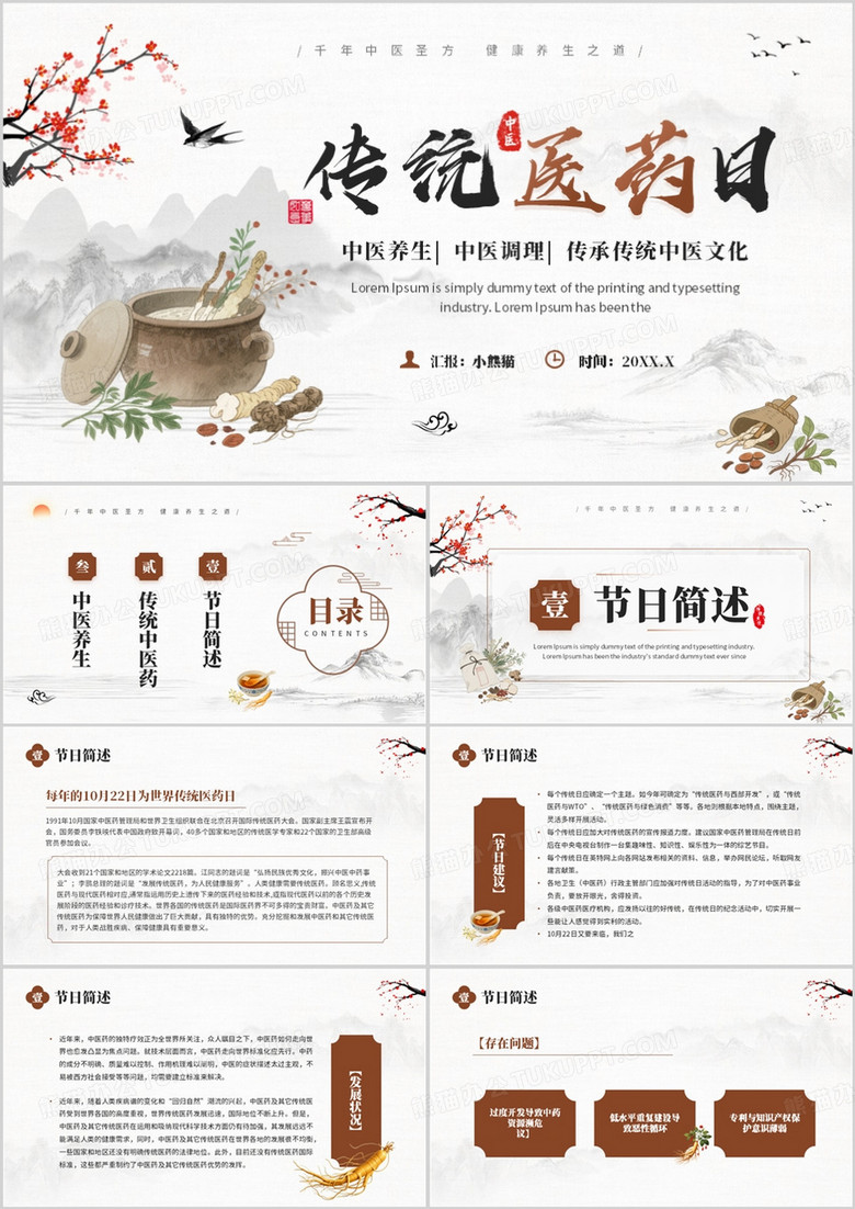 棕色中国风世界传统医药日介绍PPT模板