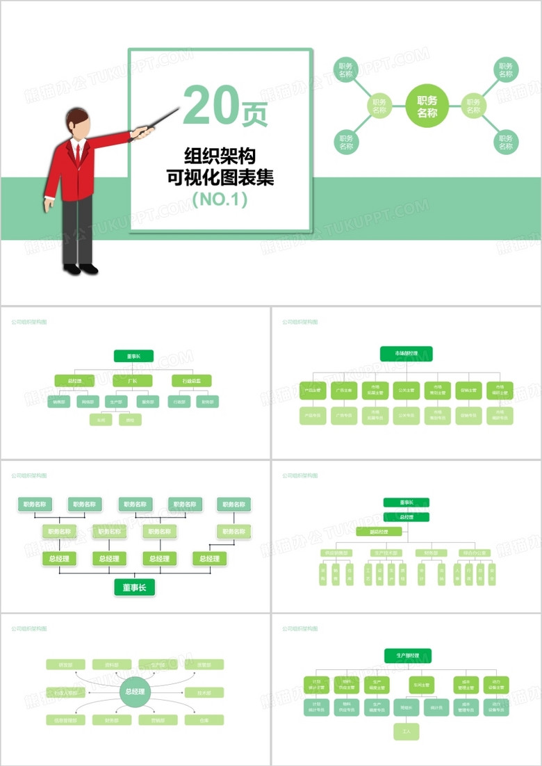 绿色20页企业组织架构可视化图表集PPT模板