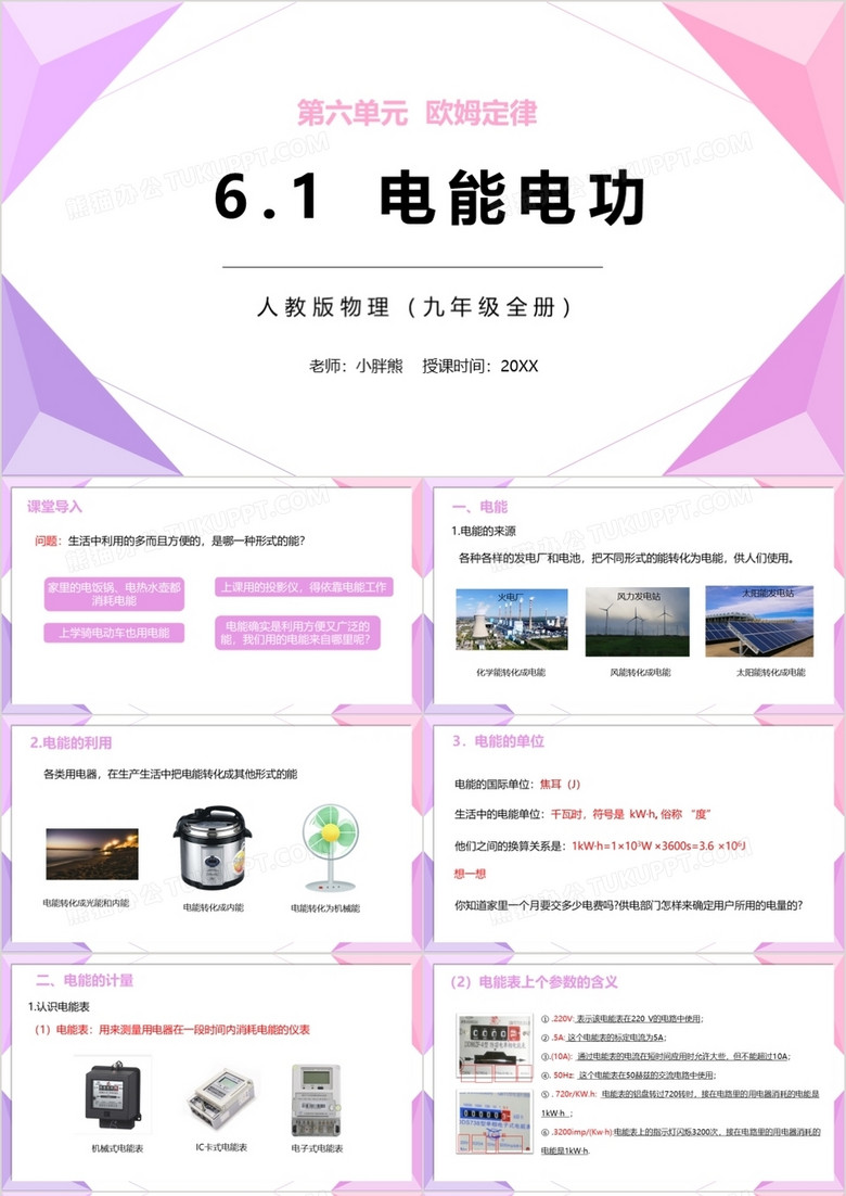 部编版九年级物理全册电能电功课件PPT模板