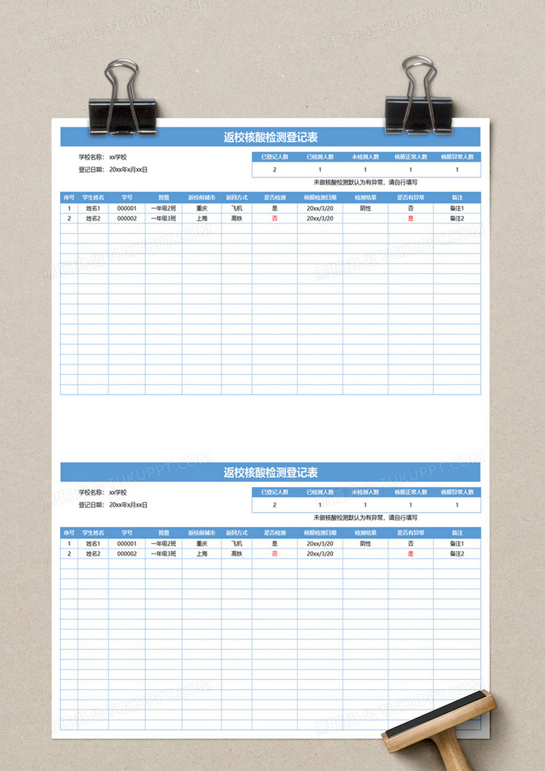 返校核酸检测登记表excel模板
