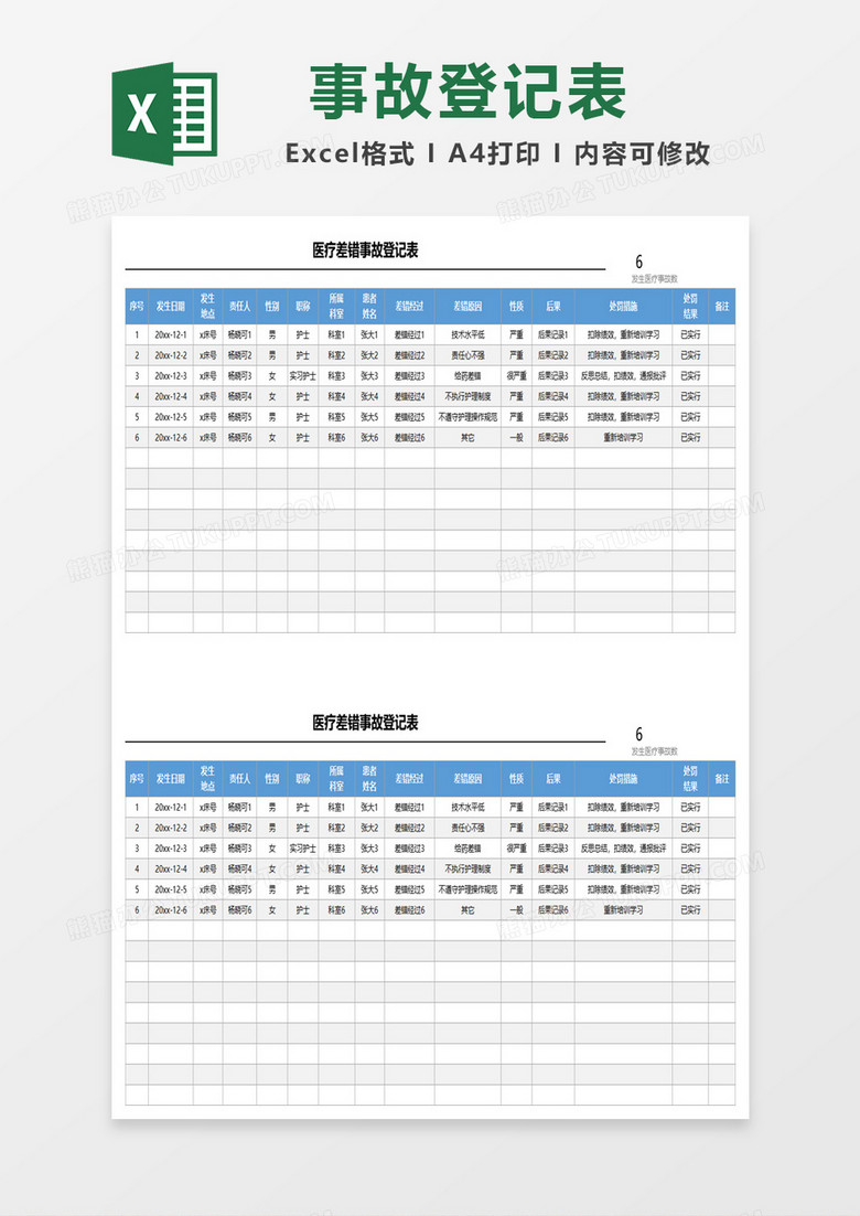 蓝色简约医疗差错事故登记表excel模板 蓝色简约医疗差错事故登记表excel模板