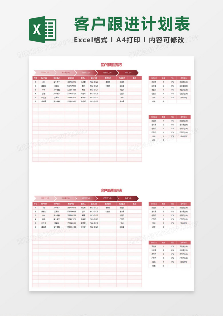 客户跟进情况管理计划表excel模板