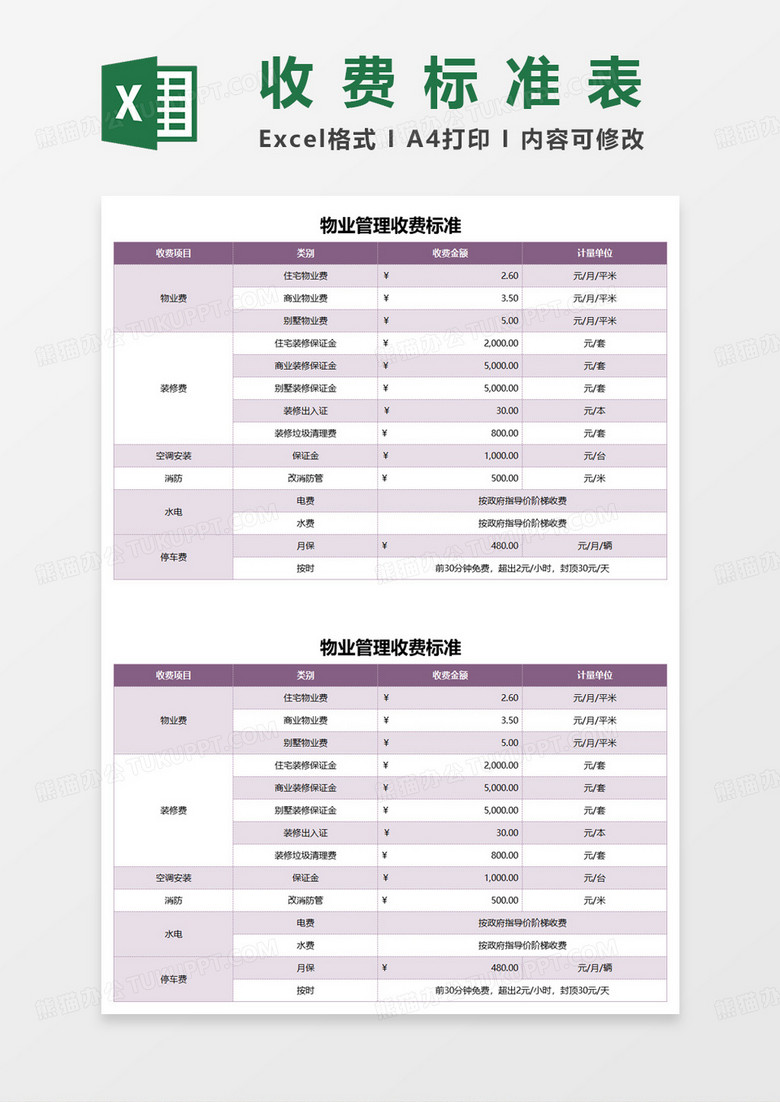物业管理收费标准表excel模板 物业管理收费标准表excel模板