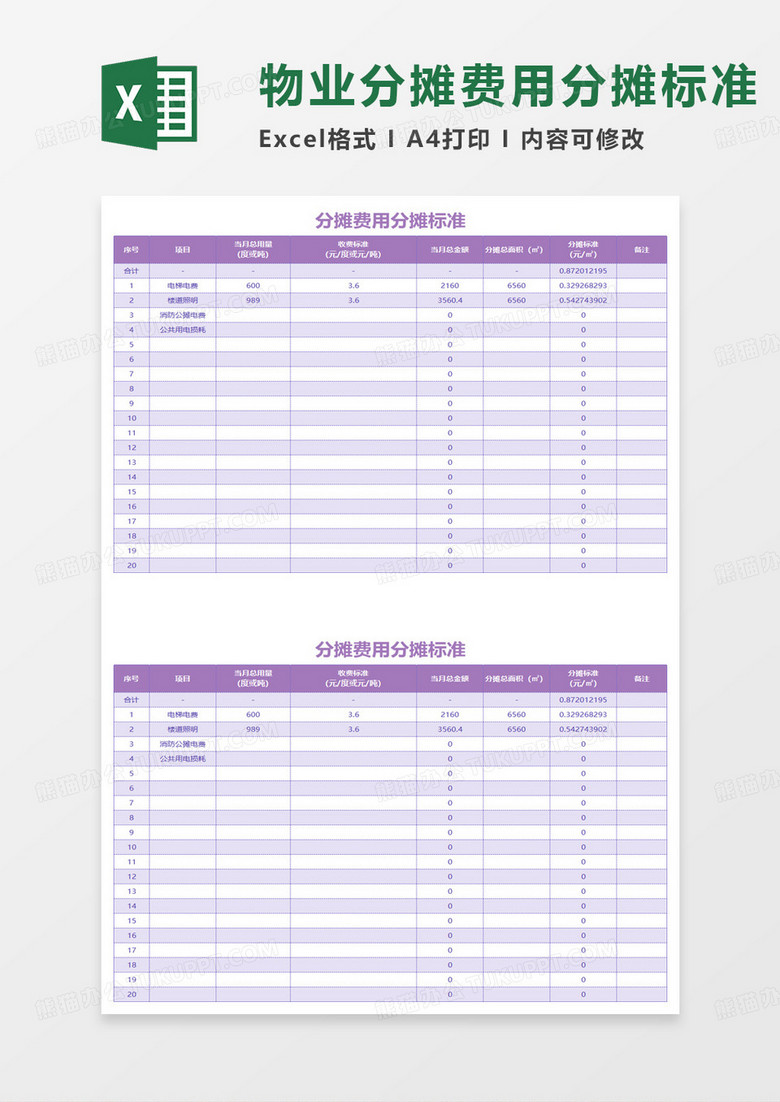 物业分摊费用分摊标准表excel模板 物业分摊费用分摊标准表excel模板