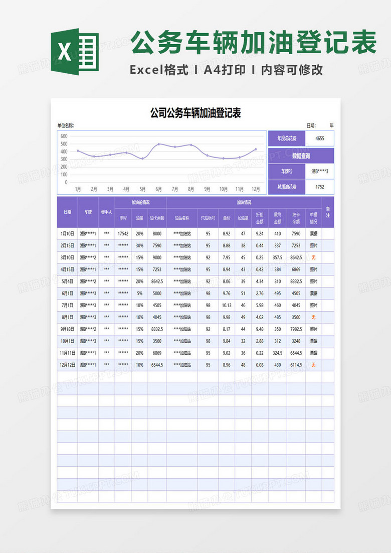 公司公务车辆加油登记表excel模板