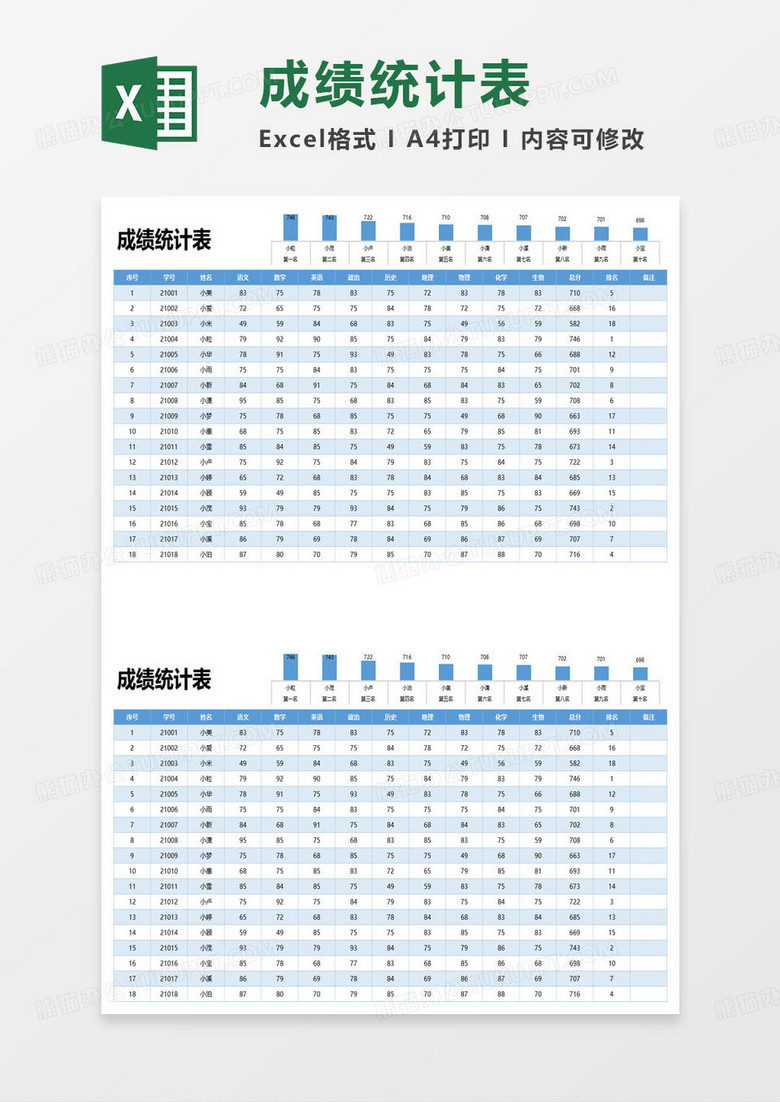 蓝色简约学生成绩单excel模板 蓝色简约学生成绩单excel模板