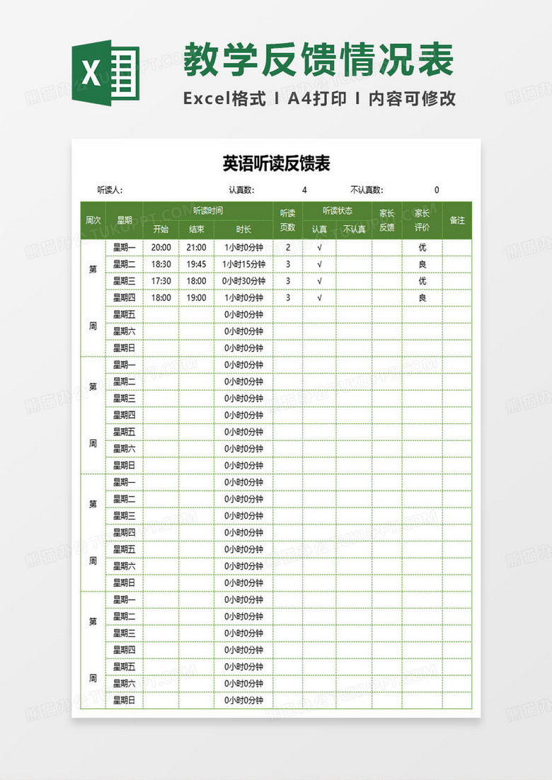 英语公开课听读反馈表
