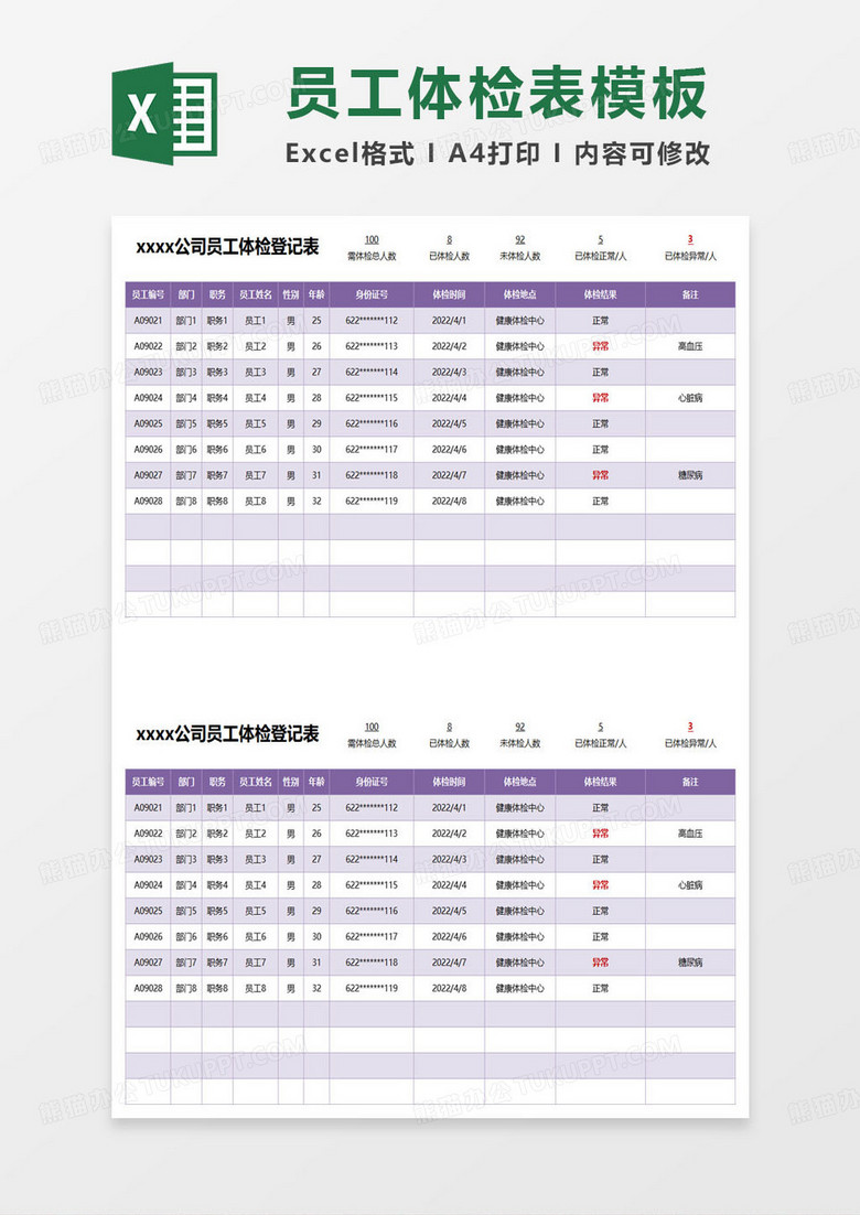 xxxx公司员工体检登记表excel模板