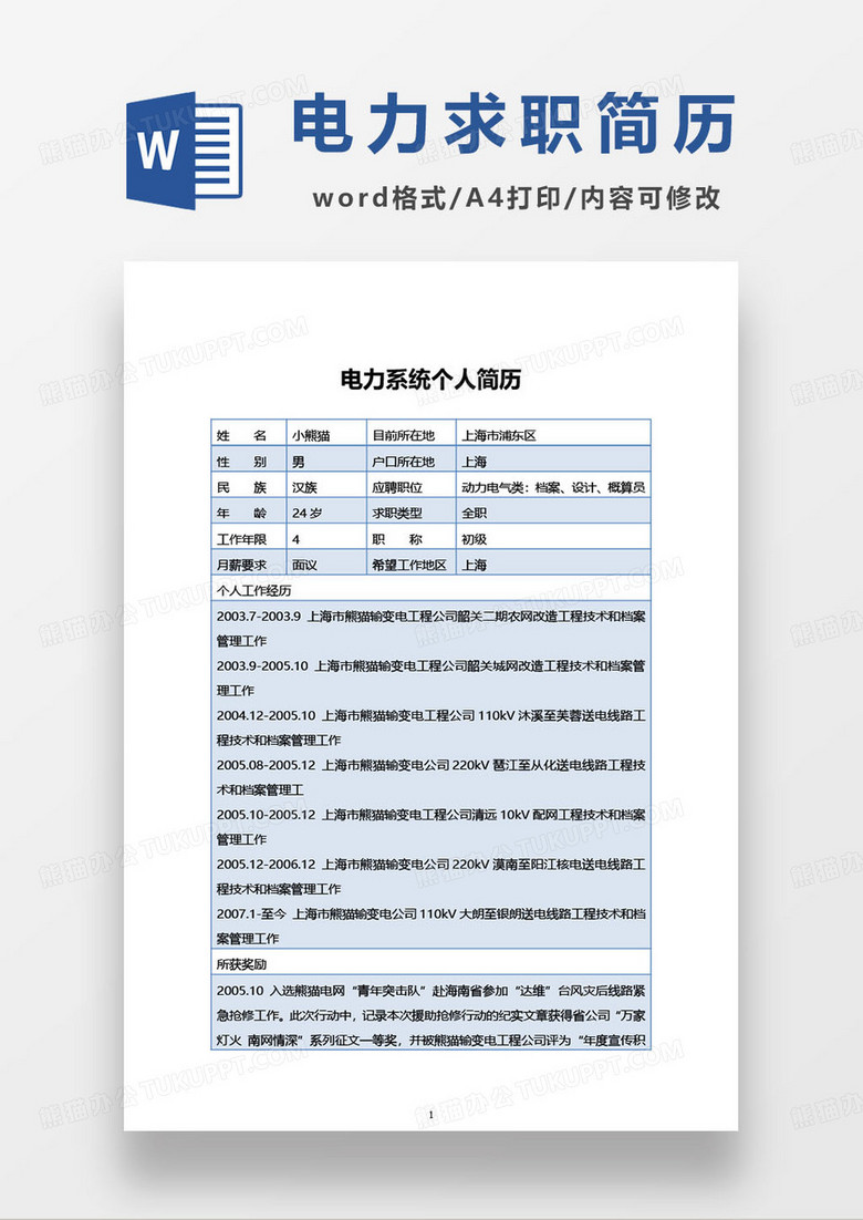 电力系统个人简历