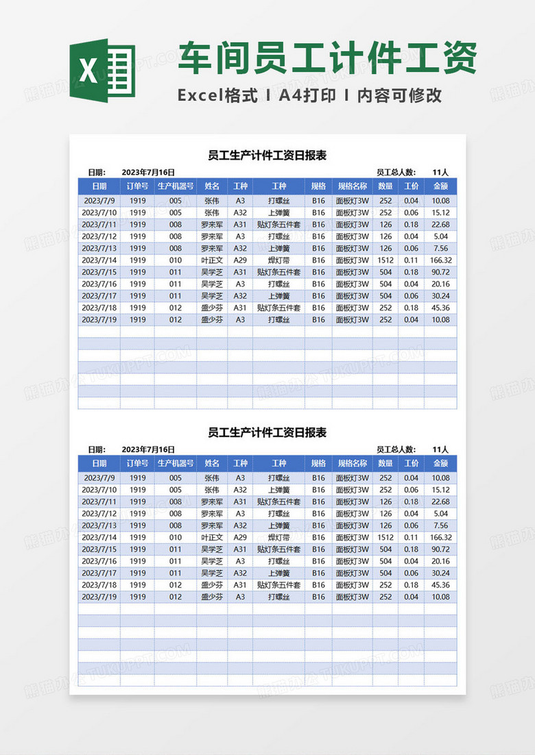 蓝色简约员工生产计件工资日报表