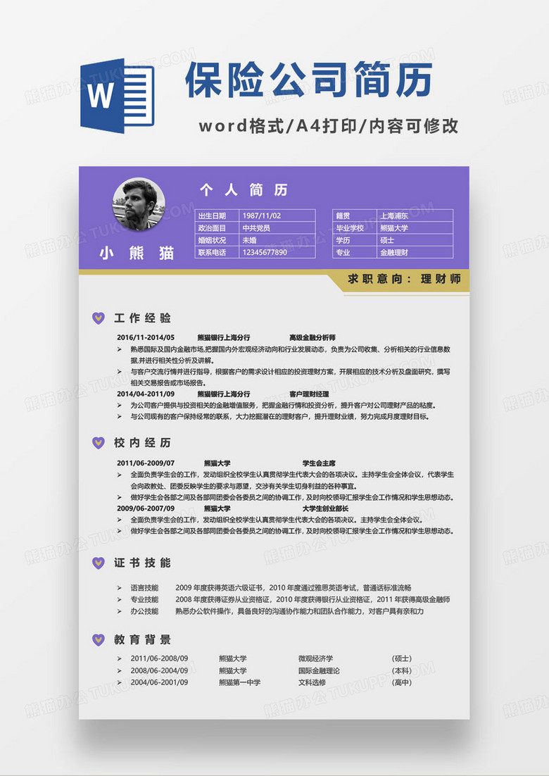 保險(xiǎn)公司金融理財(cái)師個(gè)人求職簡歷模板