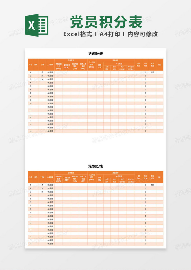 橙色党员积分表格范本excel模板