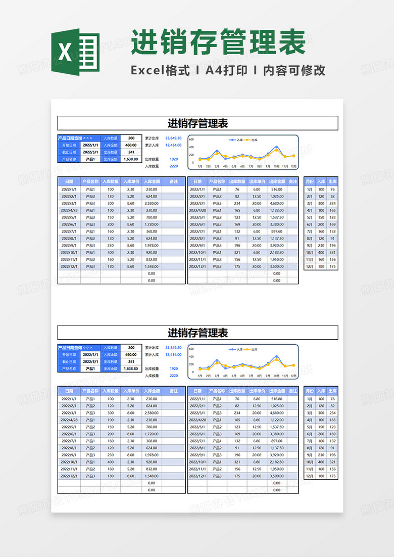 蓝色实用进销存管理表EXCEL模板