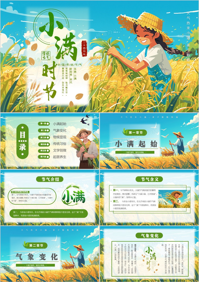 蓝色插画风二十四节气之小满介绍PPT模板