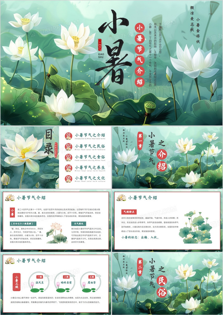 绿色插画风小暑节气介绍PPT模板