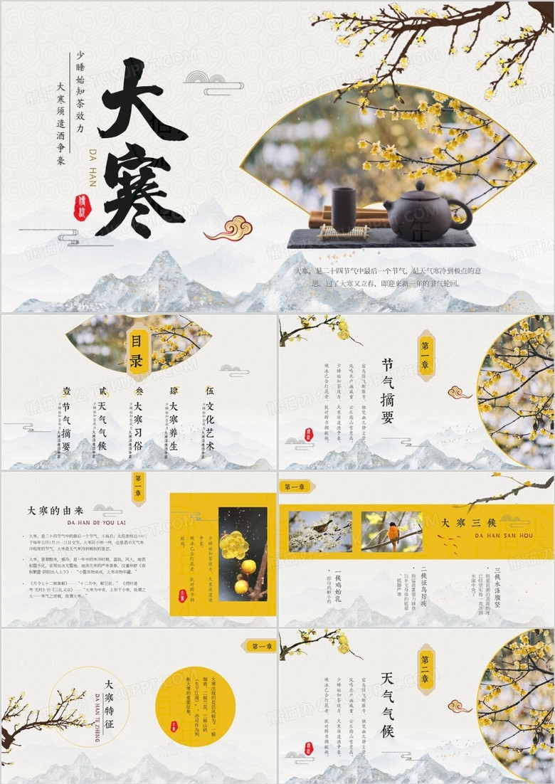 黄色淡雅中国风二十四节气之大寒PPT模板