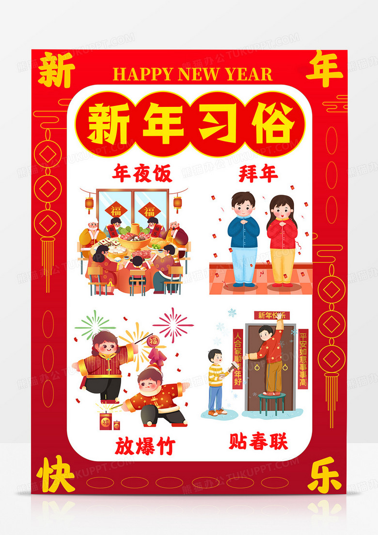 竖版新年习俗手抄报春节习俗电子小报