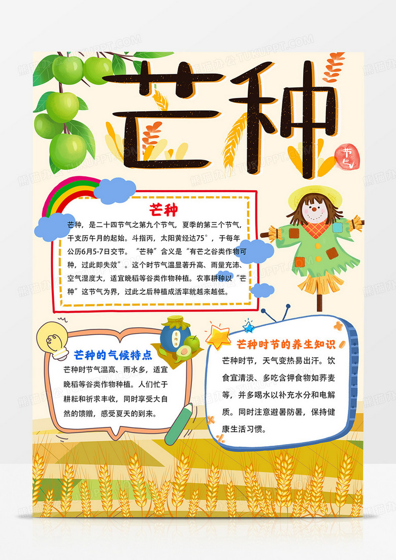 竖版芒种手抄报二十四节气芒种小报线描模板