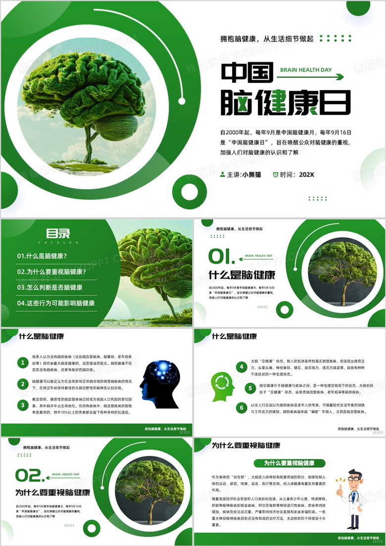 绿色简约风中国脑健康日宣传PPT模板
