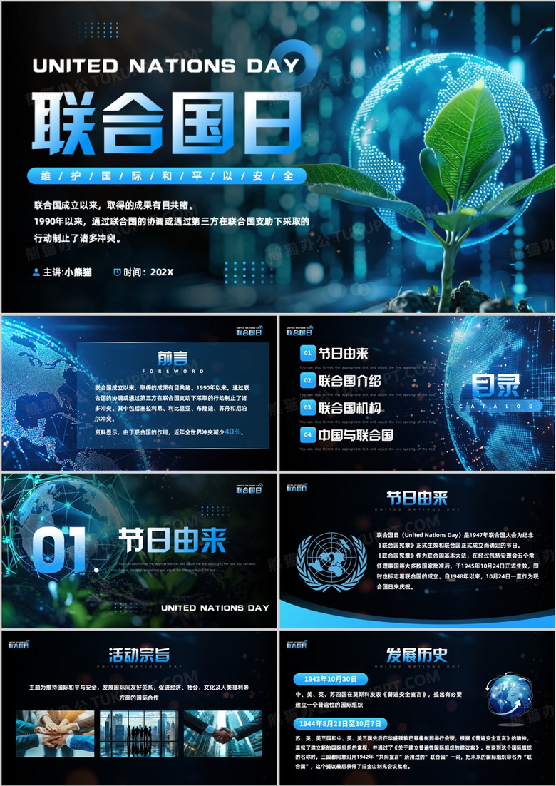 蓝色科技风联合国日介绍PPT模板