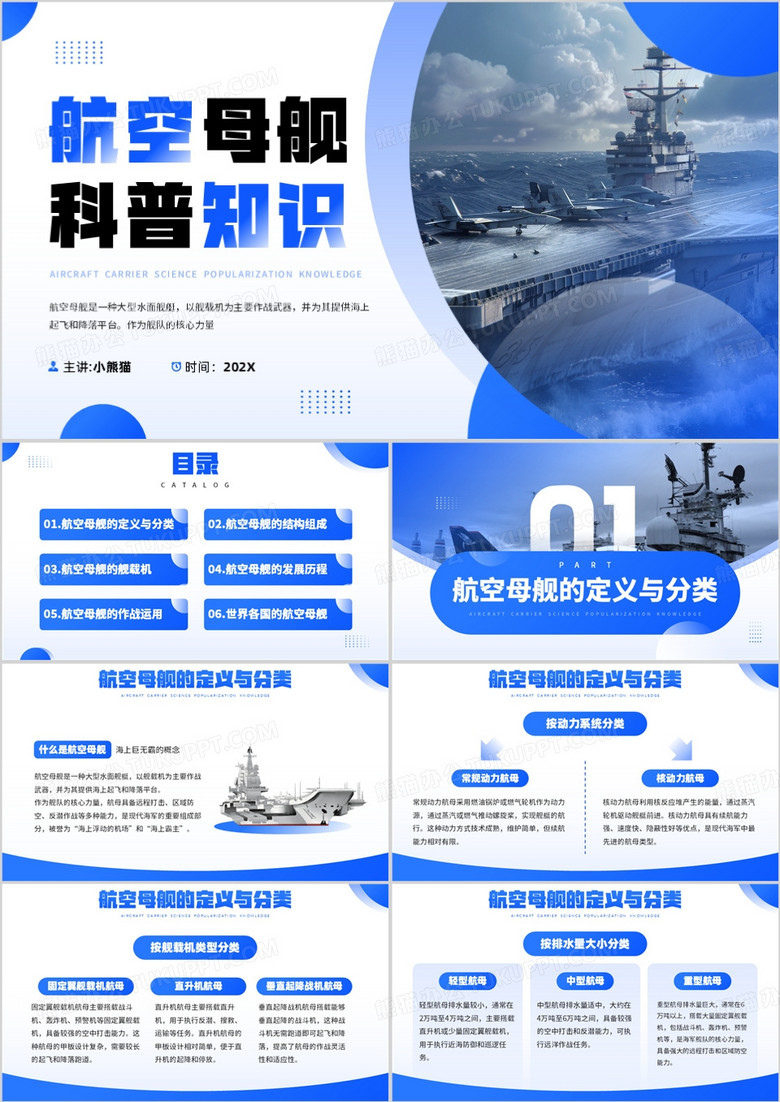 蓝色简约风航空母舰科普知识PPT模板