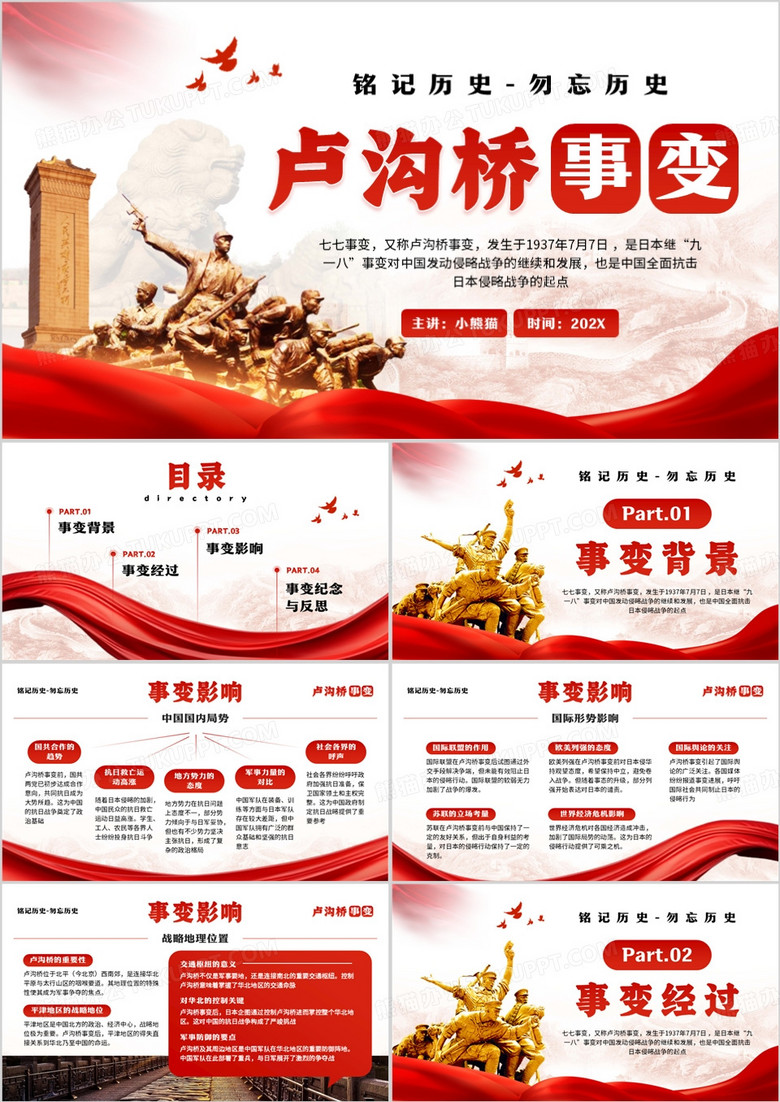 红色简约风七七事变纪念日PPT模板