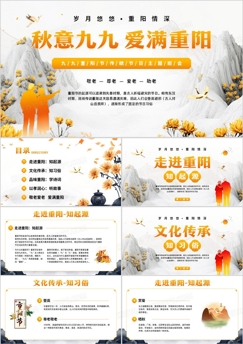 橙色中国风九九重阳节主题班会PPT模板
