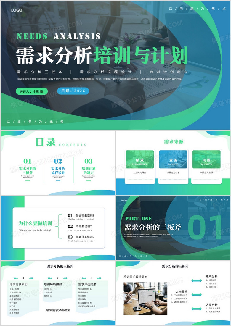 蓝绿色商务风需求分析培训与计划PPT模板