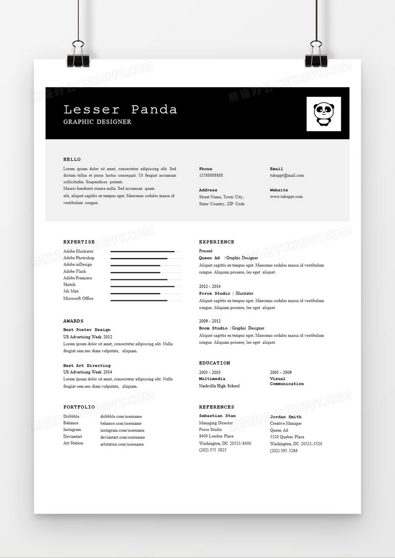 大气英文黑色设计师个人简历word模板 大气英文黑色设计师个人简历word模板