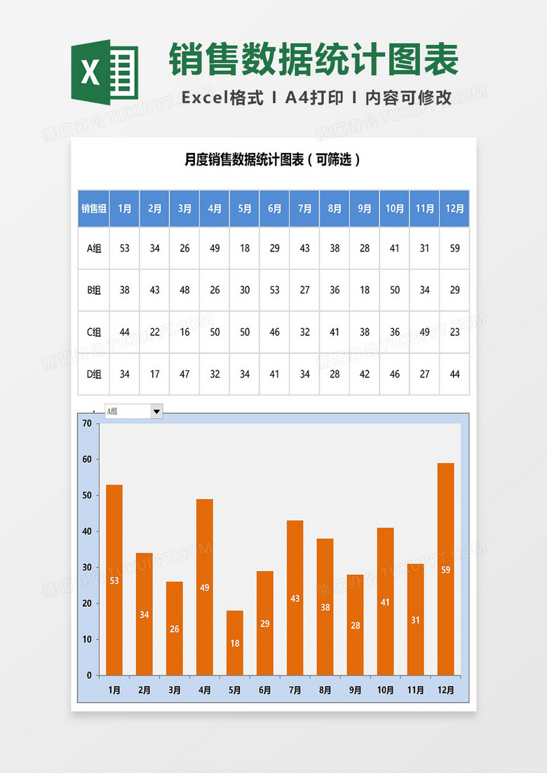 月度销售数据统计图表（可筛选）Excel模板